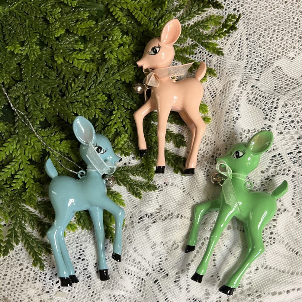 World Market Set of 3 Retro Vintage Deer Reindeer Pink Mint Blue Ornaments